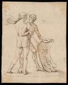 Meztelen nő és férfi Willibald Pirckheimer címerével ellátott pajzzsal alkotó: Albrecht Dürer
