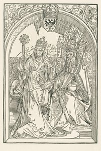 Roswitha unokahúga, Gerba, a gandersheimi apátnő jelenlétében bemutatja műveit I. Ottó császárnak. alkotó: Albrecht Dürer or Duerer