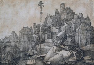 Szent Antal a város előtt ül - Albrecht Durer (1471-1528) rézmetsze alkotó: Albrecht Dürer