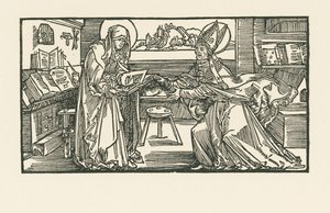 Szent Birgitta a szobájában, amint átadja művét egy püspöknek alkotó: Albrecht Dürer or Duerer