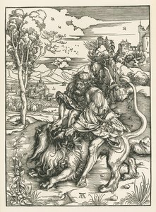 Sámson megöli az oroszlánt, 1497-98 körül (fametszet) alkotó: Albrecht Dürer or Duerer