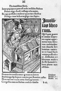 Savant az irodájában. Szemüveget visel. Sebastiano Brandt Durer das narrenschiff xilográfiája. alkotó: Albrecht Dürer