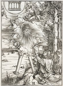 Jelenet az Apokalipszisből, Szent János felfalja a könyvet, latin kiadás alkotó: Albrecht Dürer