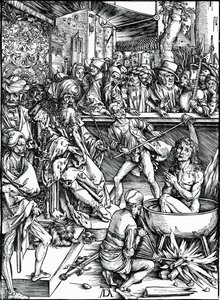 Szent János evangélistát egy kádban forrásban lévő olajban kínozzák, az „Apokalipszis” sorozatból alkotó: Albrecht Dürer