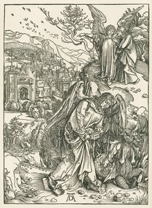 Az angyal a kulccsal, amint a sárkányt a mélységbe taszítja, és egy másik angyal, amint Szent Jánosnak mutatja az új Jeruzsálemet, 1497-98 körül (fametszet). alkotó: Albrecht Dürer or Duerer