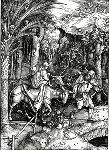 A menekülés Egyiptomba, a „Szűz élete” sorozatból, 1511-ben (fametszet) alkotó: Albrecht Dürer