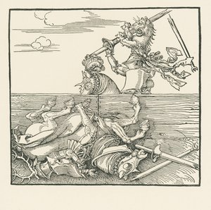 A külföldi torna. Maximilian kiemelte ellenfelét, Jacop de Heri-t a nyeregből, 1517-18 körül (fametszet). alkotó: Albrecht Dürer or Duerer