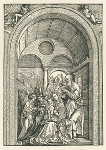 A Szent Család két angyallal egy oszlopcsarnokban, 1503-04 körül (fametszet) alkotó: Albrecht Dürer or Duerer