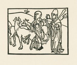 A pap miseruhában kihajtja a jószágot, előtte megy a szolgáló, 1489-90 körül (fametszet). alkotó: Albrecht Dürer or Duerer