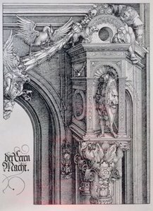 I. Maximilianus császár diadalíve (1459-1519): a központi boltív (a Becsület és Hatalom Kapuja) részlete, amelyen egy lombos és animált oszlopfő látható, amely egy építészeti fülkében álló lovagot, egy függő cartou egyik oldalát tartó alakot támaszt. alkotó: Albrecht Dürer