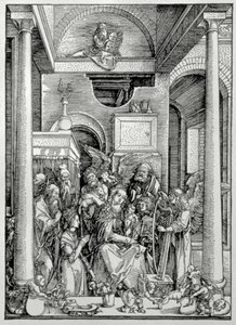Szűz és gyermek a szentekkel (fametszet) alkotó: Albrecht Dürer