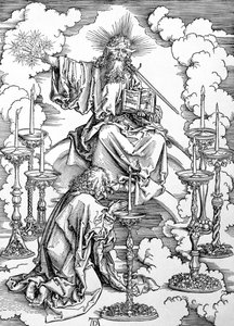 A hét gyertyatartó látomása az „Apokalipszisből” vagy „Isteni Szent János kinyilatkoztatásai”, pub. 1498 (fametszet) alkotó: Albrecht Dürer