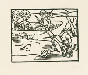 A hercegnő egy csónakban a vízen, ahol a pap az alsóneműjét mossa, 1489-90 körül (fametszet). alkotó: Albrecht Dürer or Duerer