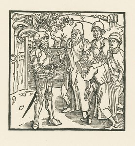A lovag két írástudót és két papot bíz meg a könyv összeállításával. alkotó: Albrecht Dürer or Duerer