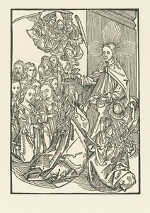 A kiválasztottak jutalma, amelyet a szentek által körülvett Mária megkoronázása jelképez. alkotó: Albrecht Dürer or Duerer