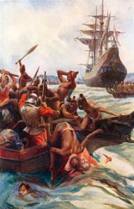 Tasman embereit megtámadták a bennszülöttek Új-Zéland partjainál (színes litográfia) alkotó: Alec Ball