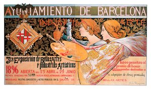 Plakát az 1896-os barcelonai „Képzőművészeti és művészi iparágak kiállításához” – Alexandre de Riquer i Ynglada litográfiája (1856-1920)