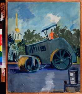 Aszfalt burkolat. (Egy gép aszfaltot rak az utcán). Alekszandr Isaakovich Rusakov (1898-1952) festménye, olaj, vászon alkotó: Aleksandr Isaakovich Rusakov