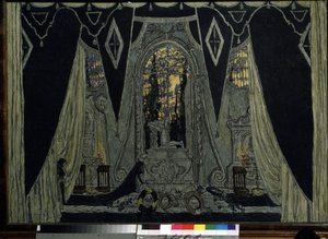 Alexandre Dargomyjski (1813-1869) "A kővendég"" című operájának dekorációja (A. Dargomyzhsky A kővendég című operájának színpadtervezése). Alekszandr Jakovlevics Golovin (Alexander Golovin) (1863-1930) munkája, olaj, fa