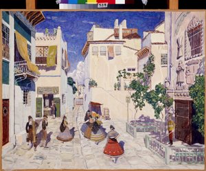 Une rue a Sevilla (Spanyolország), Georges Bizet (1838-1875) Carmen című operájának dekorációja (Egy utca Sevillában, Színpad G.Bizet Carmen című operájához). Alekszandr Jakovlevics Golovin (Alexander Golovin) (1863-1930) munkája, tempera papíron