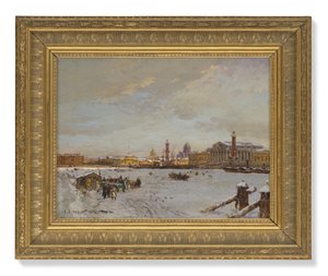 Kilátás a befagyott Névára, a Rostral oszlopokra, a Szent Izsák-székesegyházra és az Admiralitásra, Szentpétervár