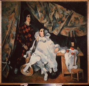 A Cyrano zsonglőr testvérek. (Pierrot és Harlequin jelmezben). Alekszandr Vasziljevics Sevcsenko (1883-1948) festménye, olaj, vászon