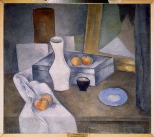 Csendélet almával és kék csészealjjal (Csendélet almával és kék csészealjjal) - Alekszandr Vasziljevics Sevcsenko (Alexandre Chevchenko) munkája (1883-1948), olaj, karton, 1910 körül - Orosz művészet, 20. század, avantgárd - Állami orosz Múzeum, S