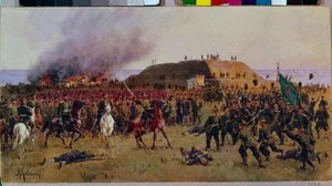 A Gorni Dubnik (Gorni-Dubnik) erőd elfoglalása 1877. október 24-én. Orosz-török ​​háború: csatajelenet az orosz hadsereg kozákjai és az Oszmán Birodalom katonái között, katonai epizód az átjáró ellenőrzésére. a Shipka (Bulgária).