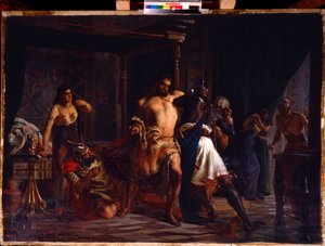 Sámson és Delila (Sámson és Delila). A bibliai hőst a szobájában támadták meg a filiszteus katonák, akik megpróbálják megkötözni a haja zsinórjával, amelynek egy része egy ollóval a földön fekszik, Sámson mögött Delila tartja a kezében.