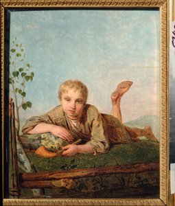 Pásztorfiú pipával - Alekszej Gavrilovics Venecianov (1780-1847) festménye, olaj, vászon, 1820 körül, orosz művészet alkotó: Aleksei Gavrilovich Venetsianov