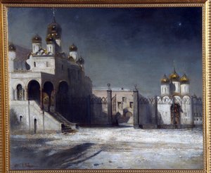 Katedrális tér a moszkvai Kremlben éjjel. (A Katedrális tér a Moszkvai Kremlben éjjel). Alekszej Kondratyevics Savrasov (Savrasov) (1830-1897) festménye, olaj, vászon