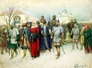 „Márta, a polgármesternő Moszkvába kísérve”, 1880. alkotó: Aleksey Kivshenko
