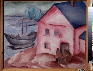 Egy rózsaszín ház a folyó közelében (A Pink House at the River). Párral, csónakkal és kikötött csónakkal. Alekszej Iljics Kravcsenko (1889-1940) festménye, olaj, vászon