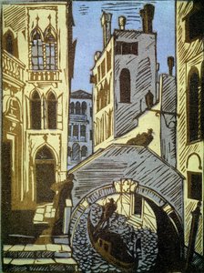 Velence, Olaszország (Velence). Csatorna, gondola, híd és a város homlokzatai. Alekszej Iljics Kravcsenko (1889-1940) alkotása, fametszet. Orosz művészet, 19-20. századi táj. Állami Tretyakov Galéria, Moszkva. (Oroszország).