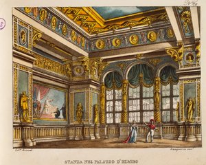 Szoba az Elmiro-palotában, Gioachino Rossini „Othello” című művéből, Ricordi metszete (kézzel színezett litó) alkotó: Alessandro (after) Sanquirico