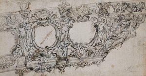 Tervezés a VIII. Urbánus pápa galériájának orrához, a méhek és a nap barberini karjaival, ignudival, tritonokkal, hippocampokkal, puttival és a győzelem allegóriájával, mint figura a betűk alatt VRBA In alkotó: Alessandro Algardi