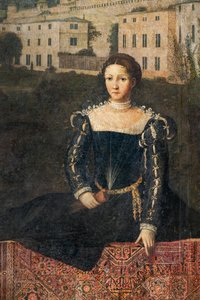 Nemesasszony portréja, a Nemesasszonyok kis szobájának részlete (olaj, vászon a falakra ragasztott) alkotó: Alessandro Bonvicino Moretto