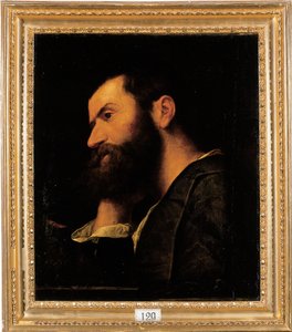 Pietro Aretino költő portréja, mellig érő, fejét a jobb kezére támasztva egy növénnyel díszített párkánynál