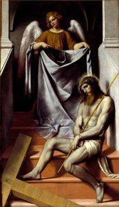 Krisztus szenvedése és az angyal Krisztus szenvedésbe esik keresztje közelében. Alessandro Bonvicino festménye dit Il Moretto da Brescia (1498-1554) 16. századi V. 209x126 cm Brescia, Pinacoteca Tosio Martinengo