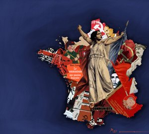 Egy mariana a kommunista kollázs hátterében. A kommunizmus allegóriája Franciaországban. Alessandro Lonati 2010-es színes rajza. alkotó: Alessandro Lonati