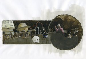 Alkimista a laboratóriumában fiolákkal és állóképekkel körülvéve Illusztráció: Alessandro Lonati alkotó: Alessandro Lonati