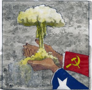 A hidegháború allegorikus ábrázolása, mint amerikai és szovjet kezek az atomfelhőben. Illusztráció: Alessandro Lonati