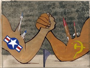 A hidegháború allegorikus ábrázolása, mint Amerika fegyveres erői és a Szovjetunió közötti karbirkózás. Illusztráció: Alessandro Lonati