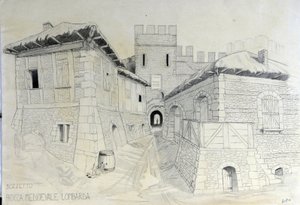 A középkori építészet: kilátás egy középkori lombard város sáncára. Alessandro Lonati ceruzavázlata. alkotó: Alessandro Lonati