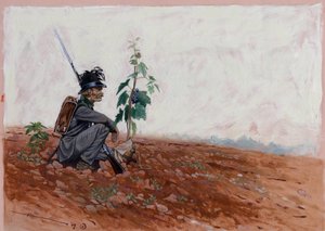 Osztrák Jager (vadász), ül egy szőlőültetvény közelében alkotó: Alessandro Lonati