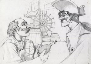 Caraibes kalóz egy fogadóban egy üveggel. Alessandro Lonati rajza. alkotó: Alessandro Lonati