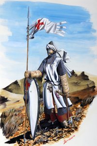 Keresztes hadjáratok: a Templomosok Rendjének fehér köpenyt viselő lovagja a Vöröskereszttel. Illusztráció: Alessandro Lonati alkotó: Alessandro Lonati