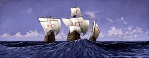 Fedezze fel Amerikát: a „Pinta”, a „Nina” és a „Santa Maria”, Kolumbusz Kristóf karavellái az 1492-es expedíció során. Alesandro Lonati illusztrációja. 2010 alkotó: Alessandro Lonati