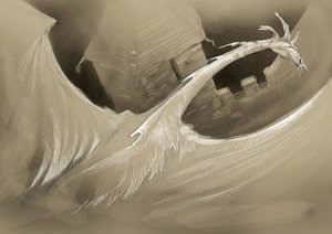 Fantasztikus lény: egy sárkány, aki a kastély tornya felett repül Alessandro Lonati rajza alkotó: Alessandro Lonati