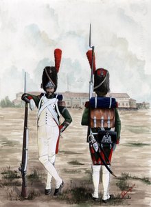 Első Birodalom (1804-1814 és 1815): A Nagy Napóleoni Armee királyi gárdájának gránátos katonái a milánói Sforzesco-kastély terén, Olaszországban. Alessandro Lonati rajza alkotó: Alessandro Lonati